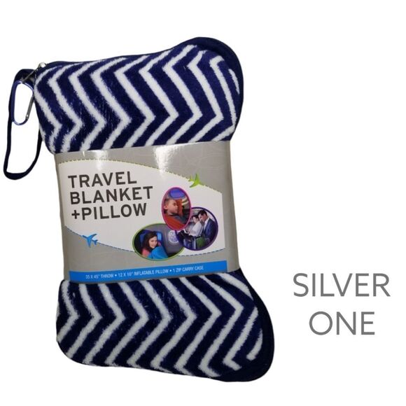 SILVER One Travel Blanket And Pillow Set Navy Blue White Chevron Pattern NWT - Picture 4 of 4